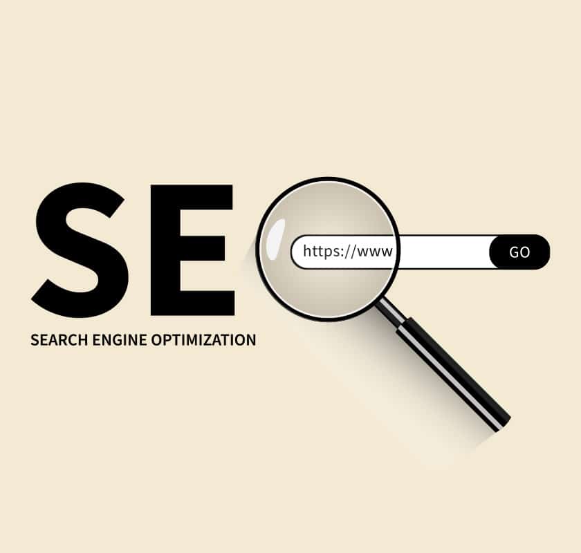 The word SEO with a magnifying glass and a search field.