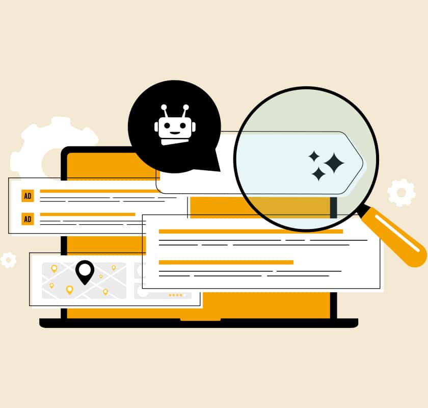 Abstract graphic of AI technology and search icons representing the future of SEO for non-profits.