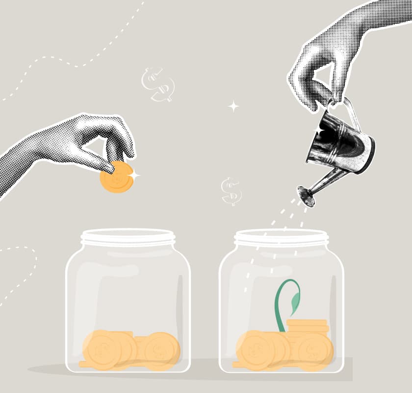 Illustration of coins being placed in jars and watered to grow to symbolize return on investment